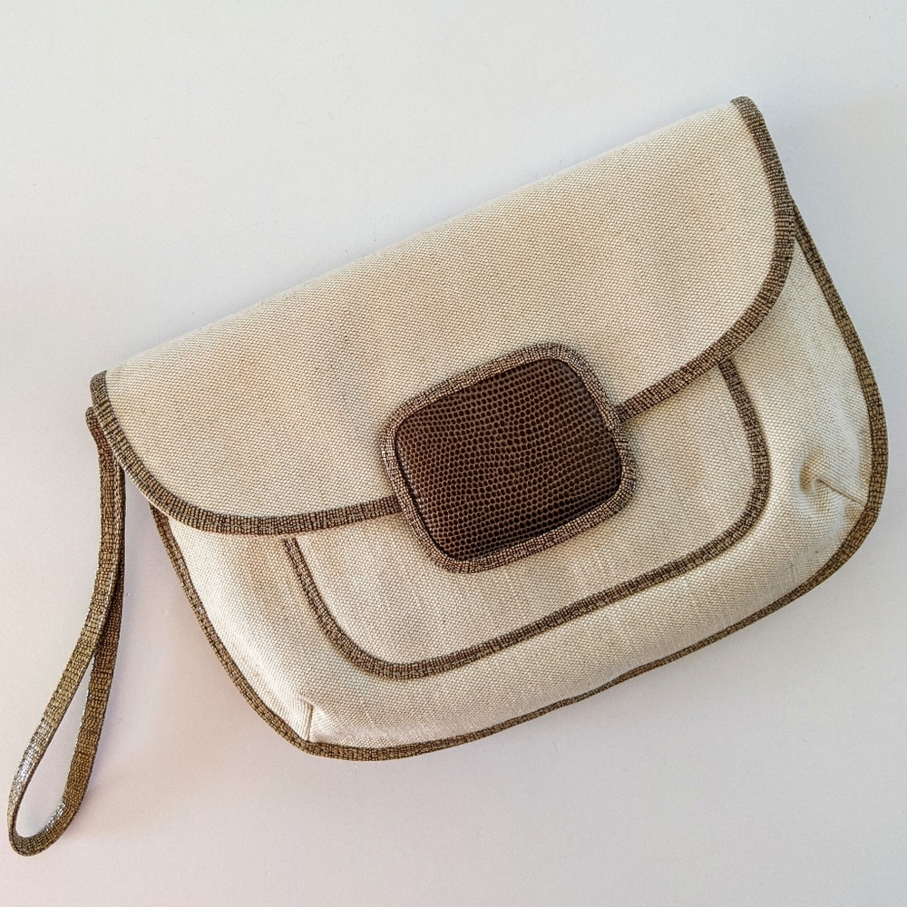 Rare Lauren Merkin Canvas & Snakeskin Envelope Clutch w/Wrist Strap
